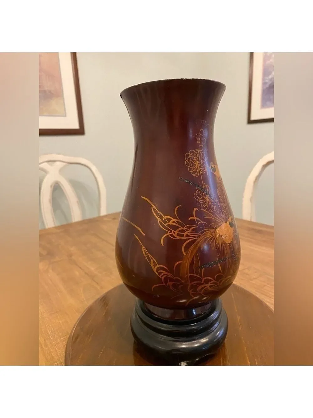 Vintage 1960 11” tall Hand painted mahogany & black Lacquer Wood Vase -Viet Nam
